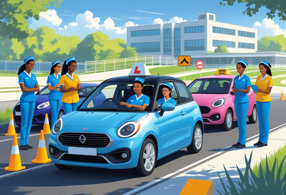 Nurses in uniform learning to drive with an instructor at a driving school, with a hospital visible in the background.