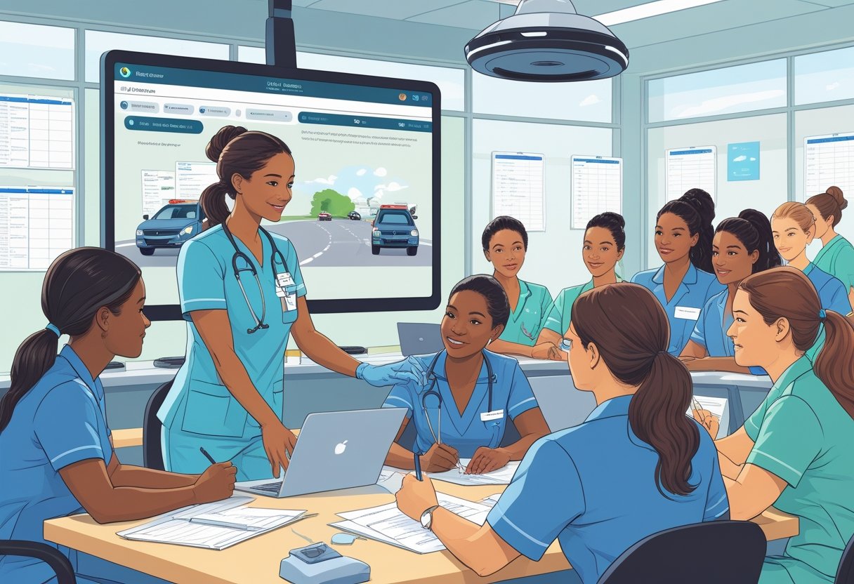 A nurse demonstrates safe driving techniques to a group of nurses in a modern training room, with medical charts and driving simulation equipment visible.