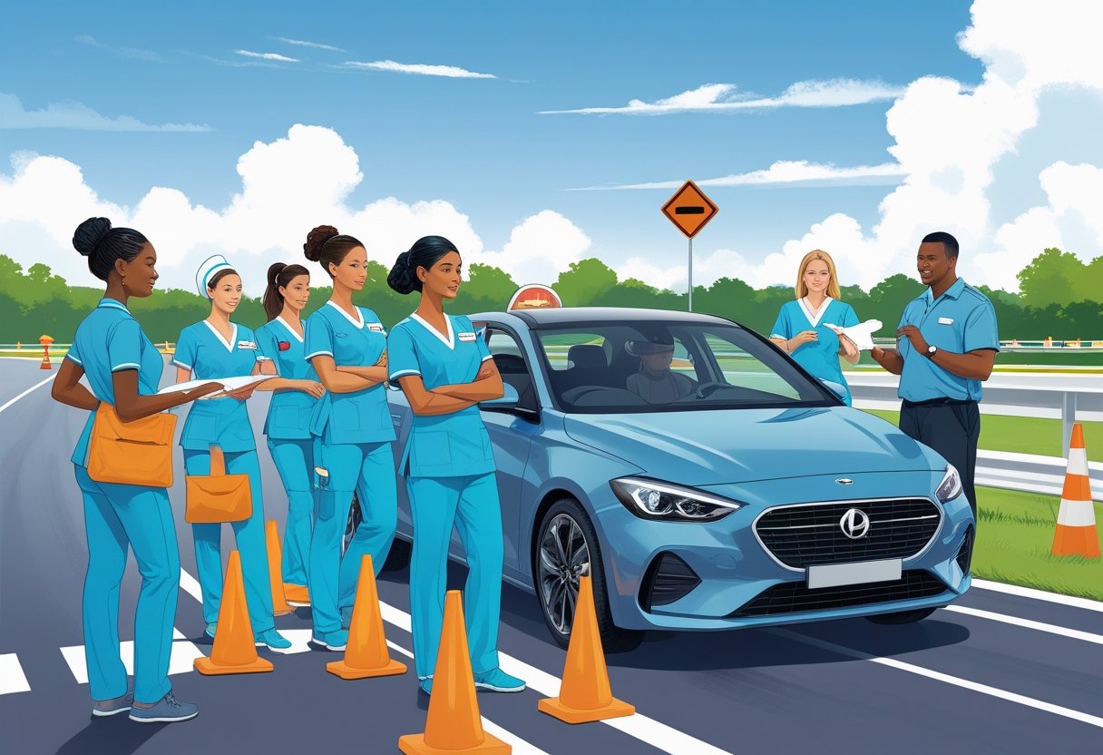 A group of nurses in uniform learning driving skills outdoors with an instructor beside a car on a training track.