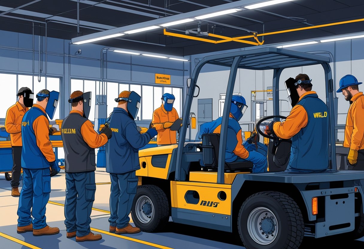 Welders in protective gear learning to operate industrial vehicles in a spacious training workshop under the guidance of an instructor.