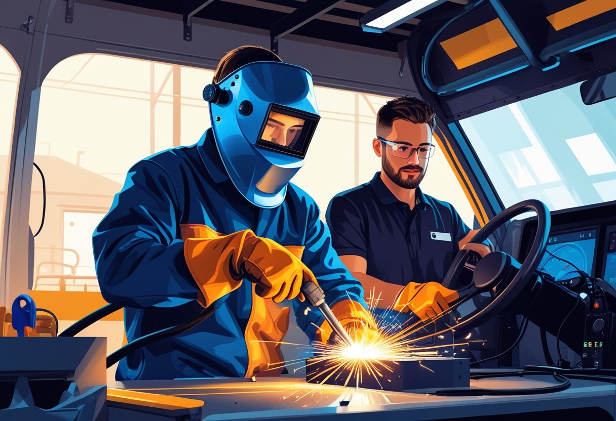 A welder wearing protective gear operates a welding torch while a driving instructor guides them seated in a driving simulator inside a workshop.