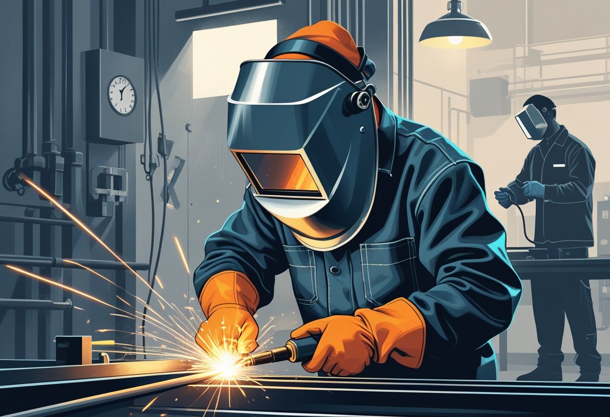 A welder wearing protective gear working with a welding torch, sparks flying, with a mentor guiding another welder in the background.