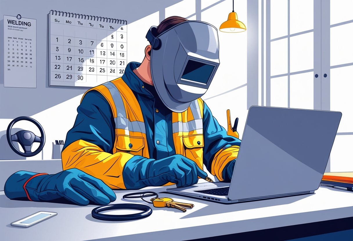 A welder wearing a welding helmet and high-visibility jacket sits at a desk using a laptop to book a driving course, with welding tools and a calendar nearby.