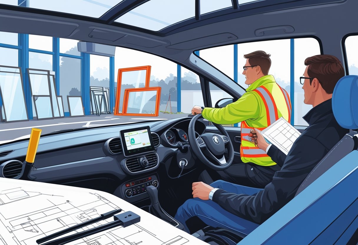 A driving instructor teaching a learner wearing a high-visibility vest inside a car with window fitting tools visible, parked near a workshop with window frames and glass panels.