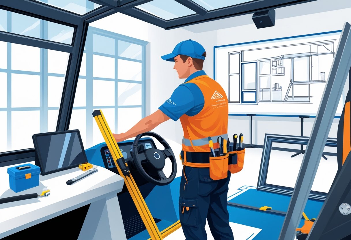 A window fitter in uniform using a driving simulator in a training room with window fitting tools and diagrams around.
