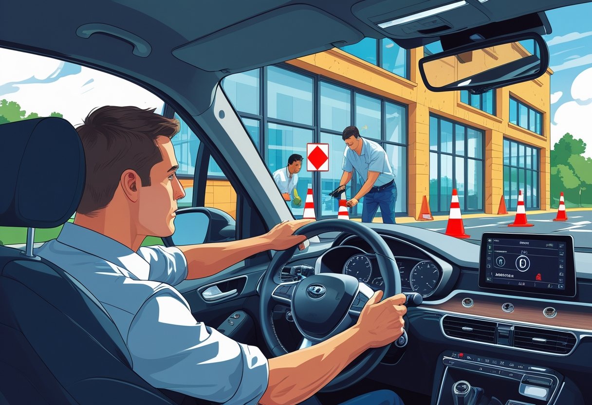 A driving instructor guides a trainee driver inside a car near a construction site where workers install large glass windows on a building.