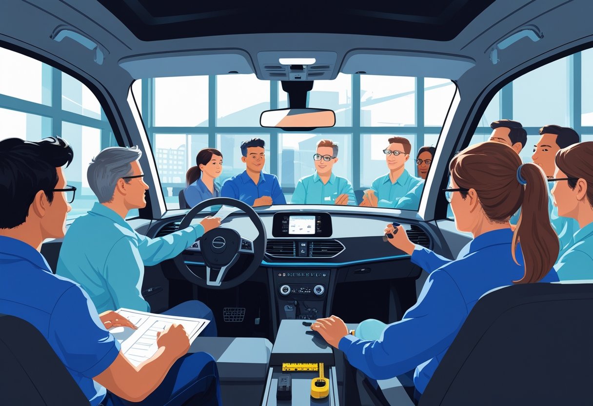 A group of adult learners in a classroom with an instructor demonstrating driving techniques using a car simulator, with window fitting tools visible nearby.