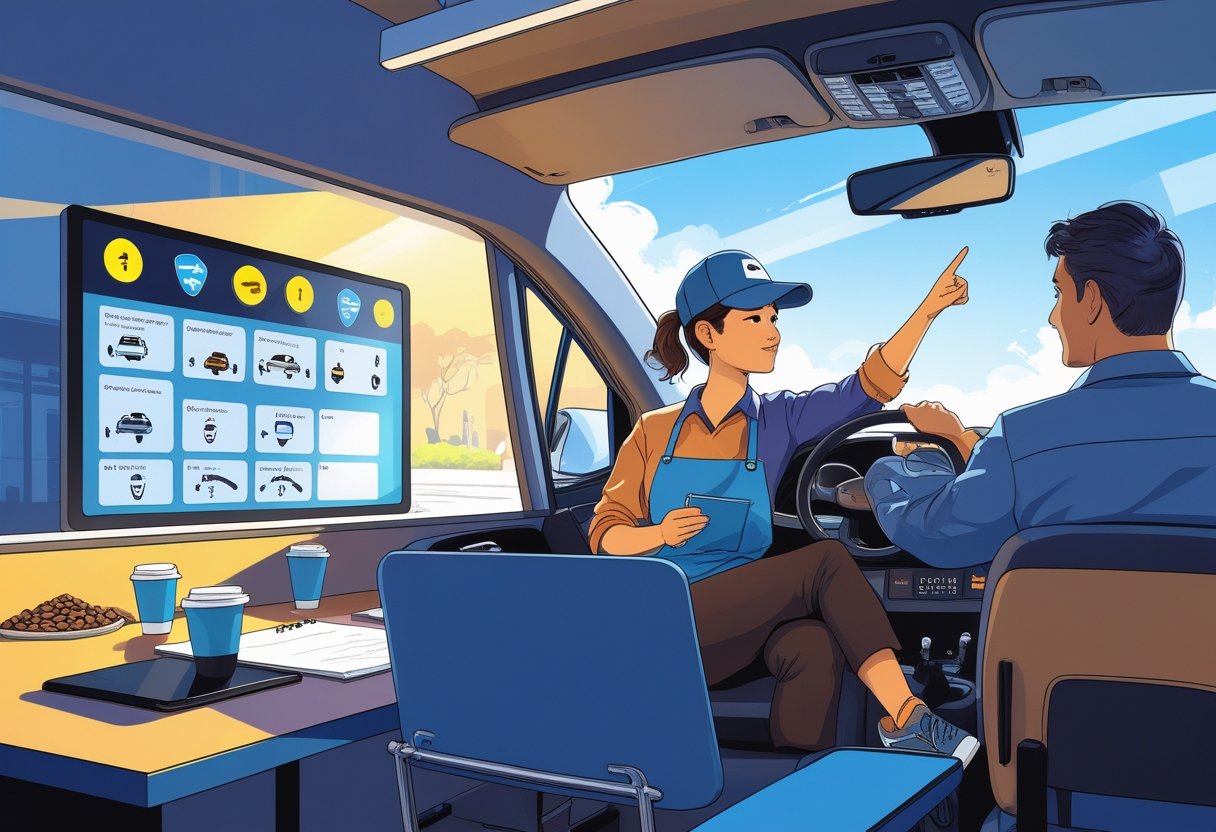 A barista in an apron attentively learning driving skills in a classroom with a driving simulator and an instructor pointing at a screen.