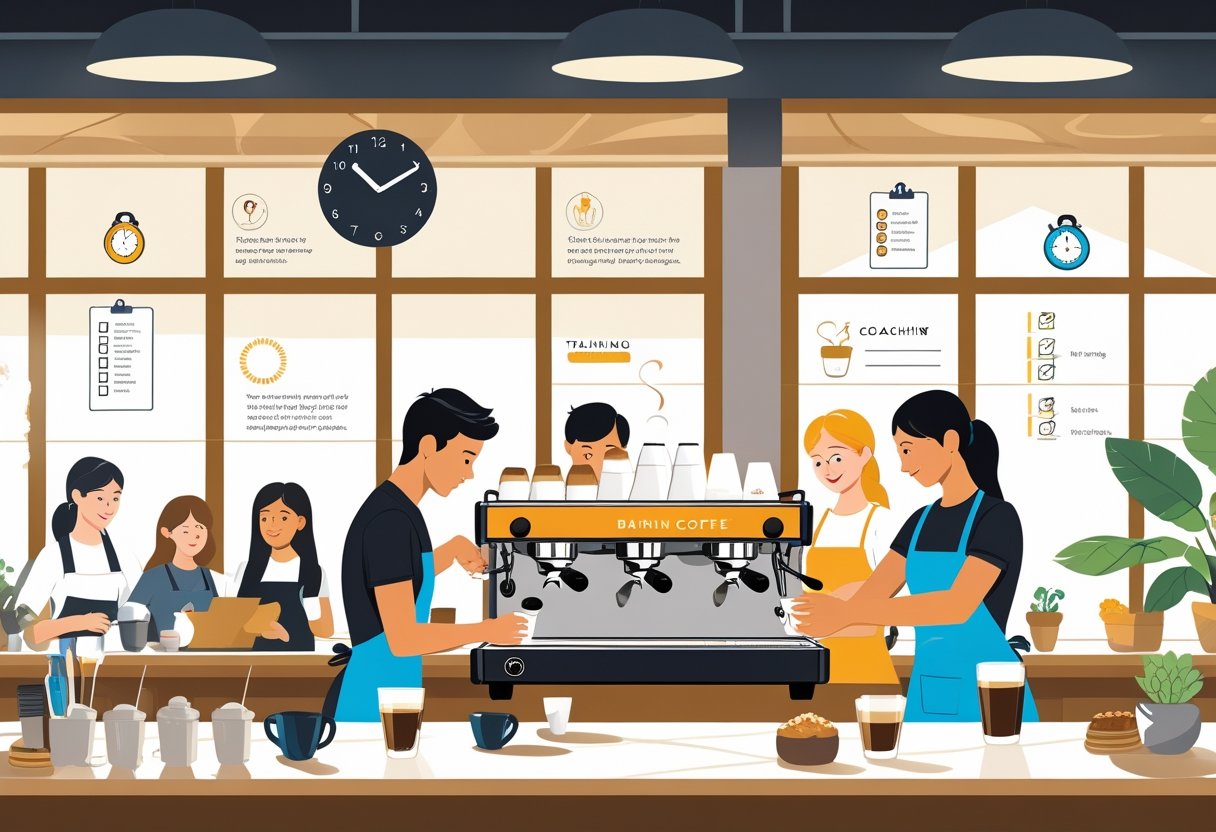 A busy coffee shop with baristas preparing coffee drinks, managing customers, and receiving guidance to improve their skills.