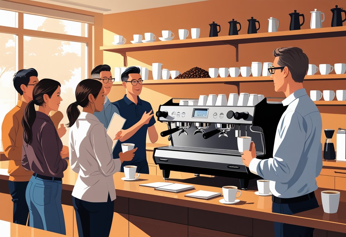 A group of adult learners attentively watching an instructor demonstrating coffee-making techniques around an espresso machine in a coffee training room.