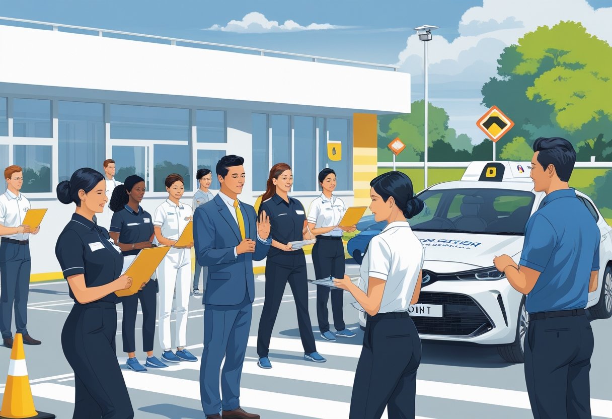 Hotel staff in uniforms learning to drive with an instructor in a driving school setting.