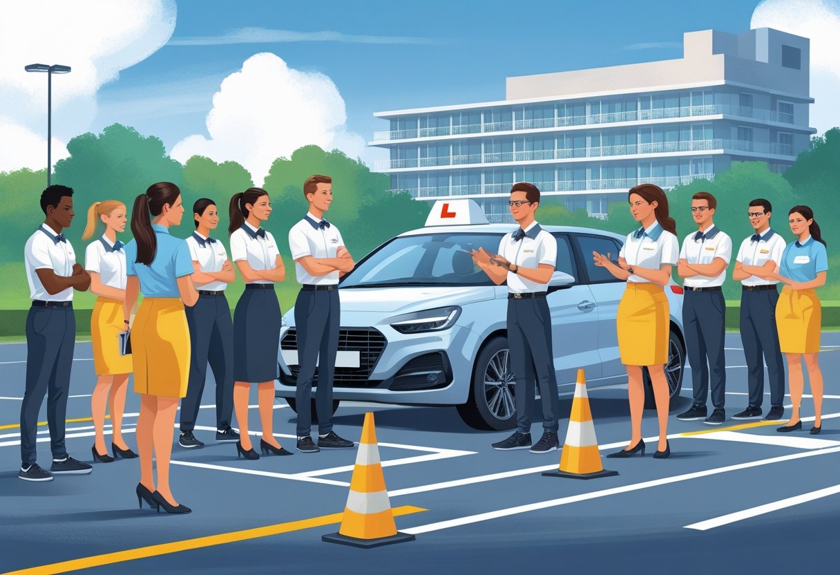 Hotel staff in uniforms learning to drive during a training session with an instructor at a driving school near a hotel.