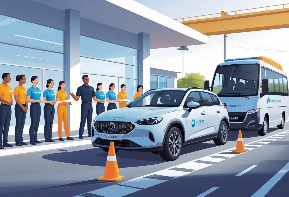 Hotel staff participating in a driving lesson with an instructor beside a hotel shuttle vehicle in a driving school setting.