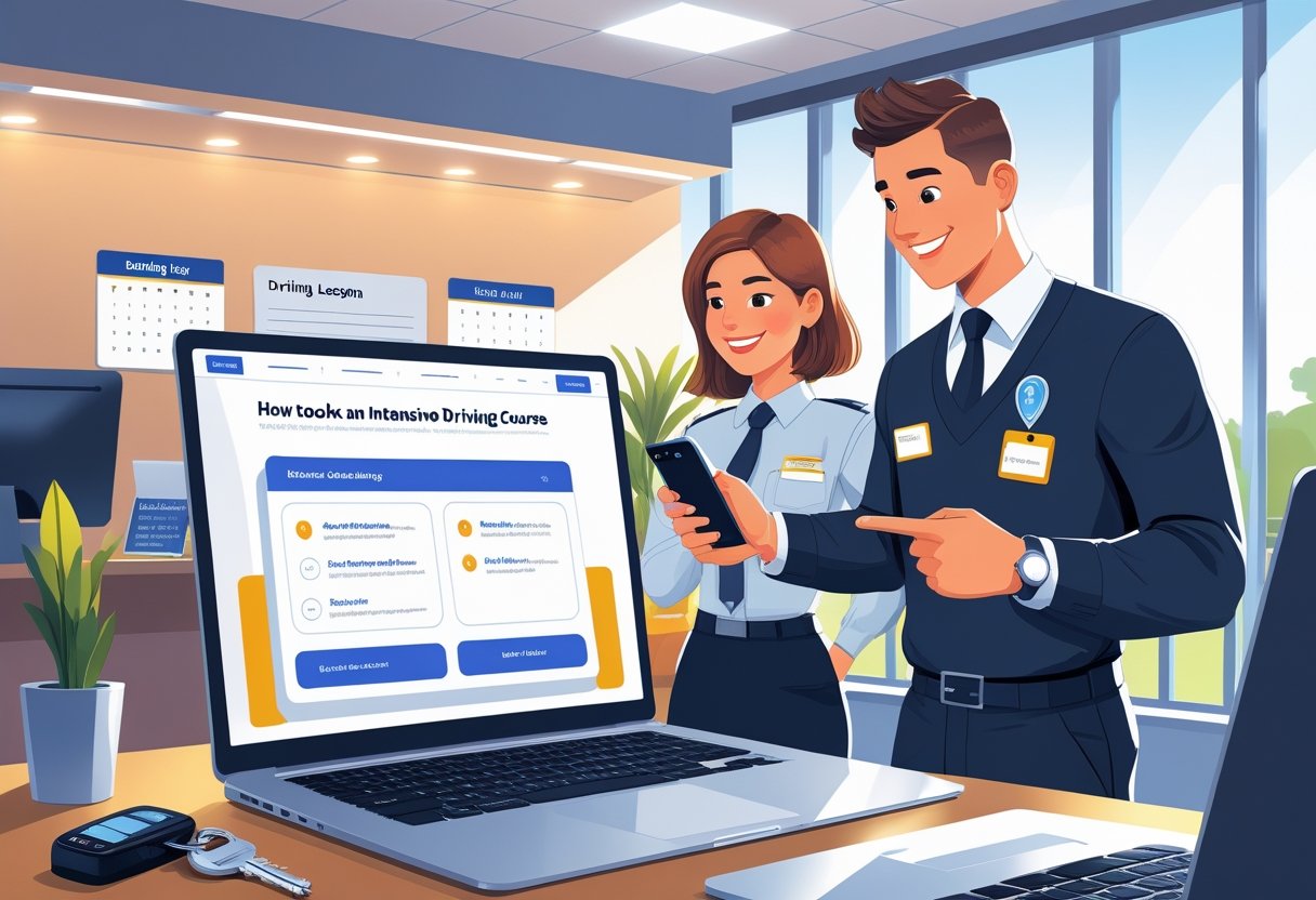 A driving instructor helping a hotel staff member book an intensive driving course using a laptop in an office setting.