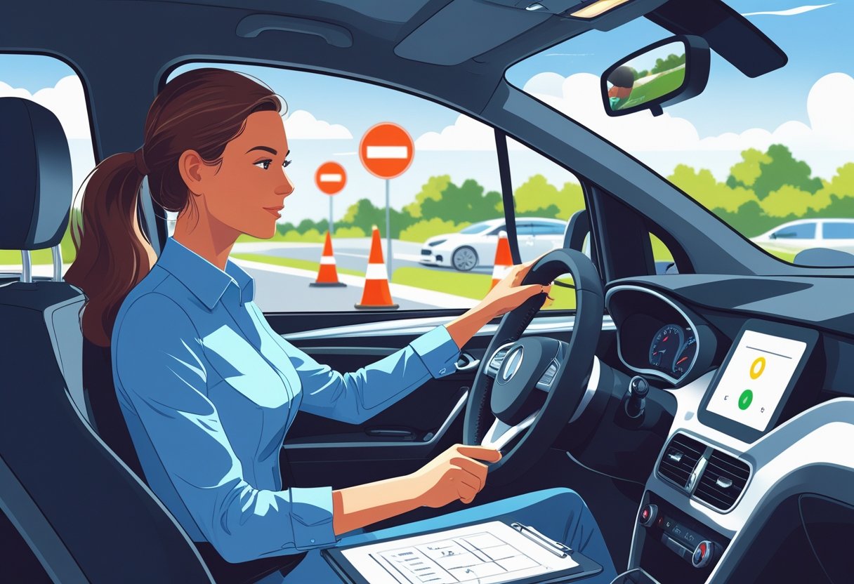 An administrative assistant taking a driving lesson with an instructor in a car surrounded by traffic cones and road signs.