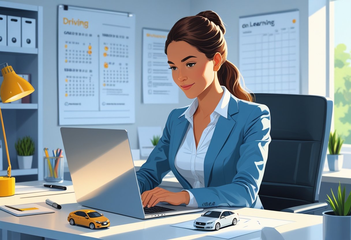 An administrative assistant focused on a laptop at her office desk, surrounded by work materials and a small model car.