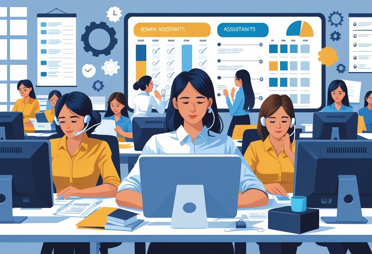 An office scene showing admin assistants working at desks while a trainer guides them through a learning session, with symbols of support and problem-solving around.