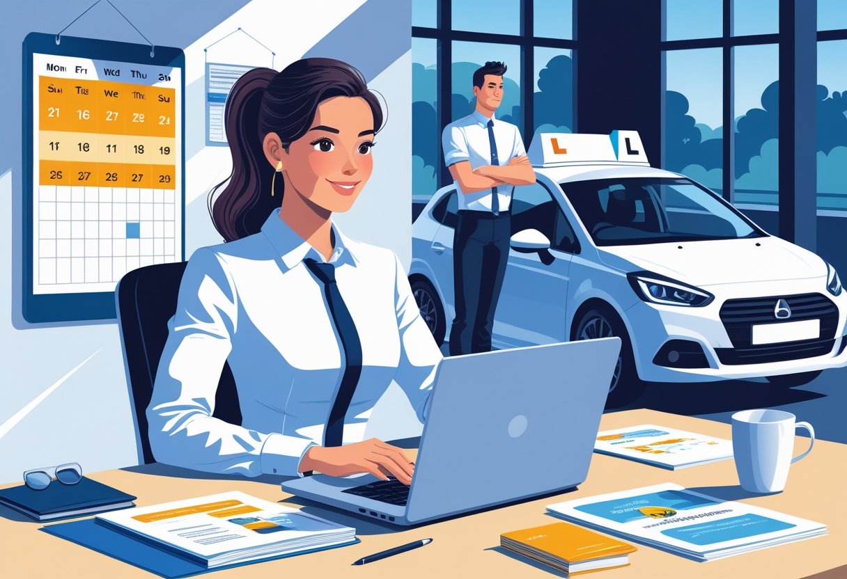 An administrative assistant at a desk booking an intensive driving course on a laptop, with a driving instructor and a car in the background.