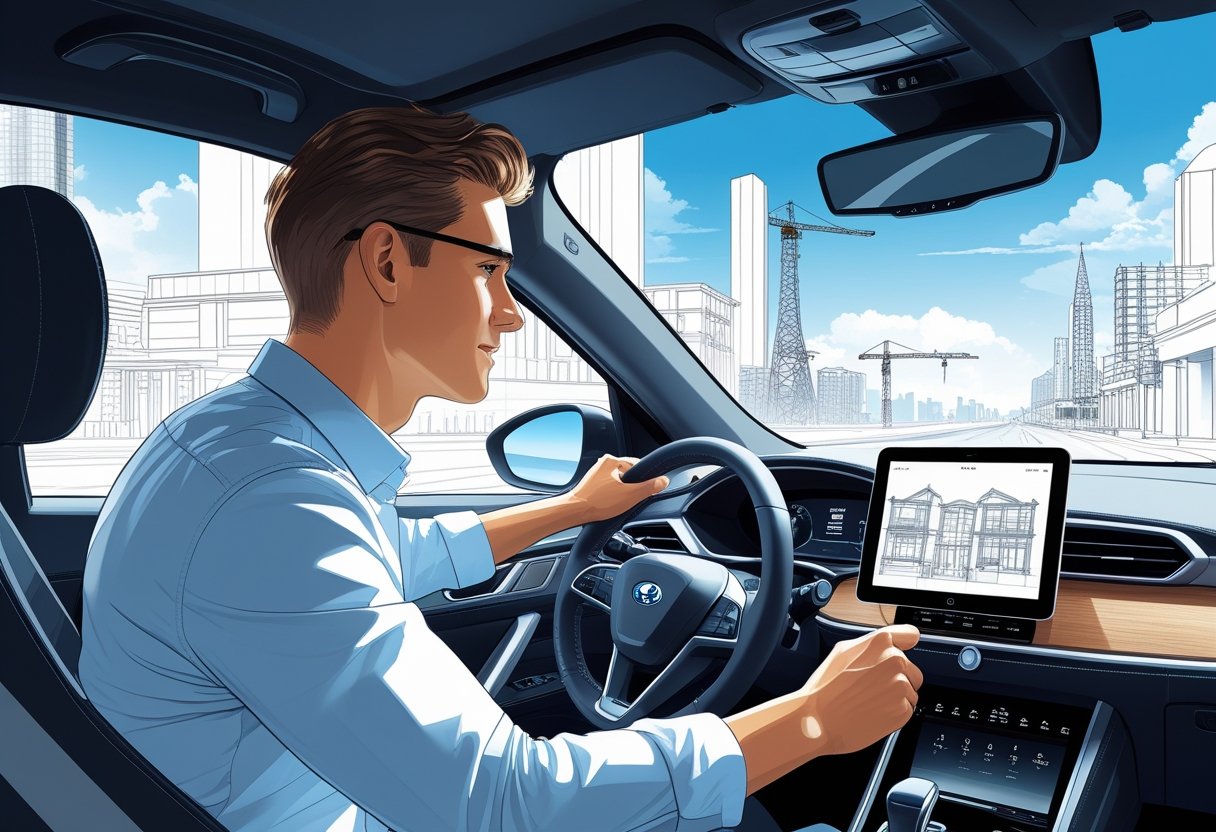 An architect driving a modern car through a city with buildings and construction sites in the background.