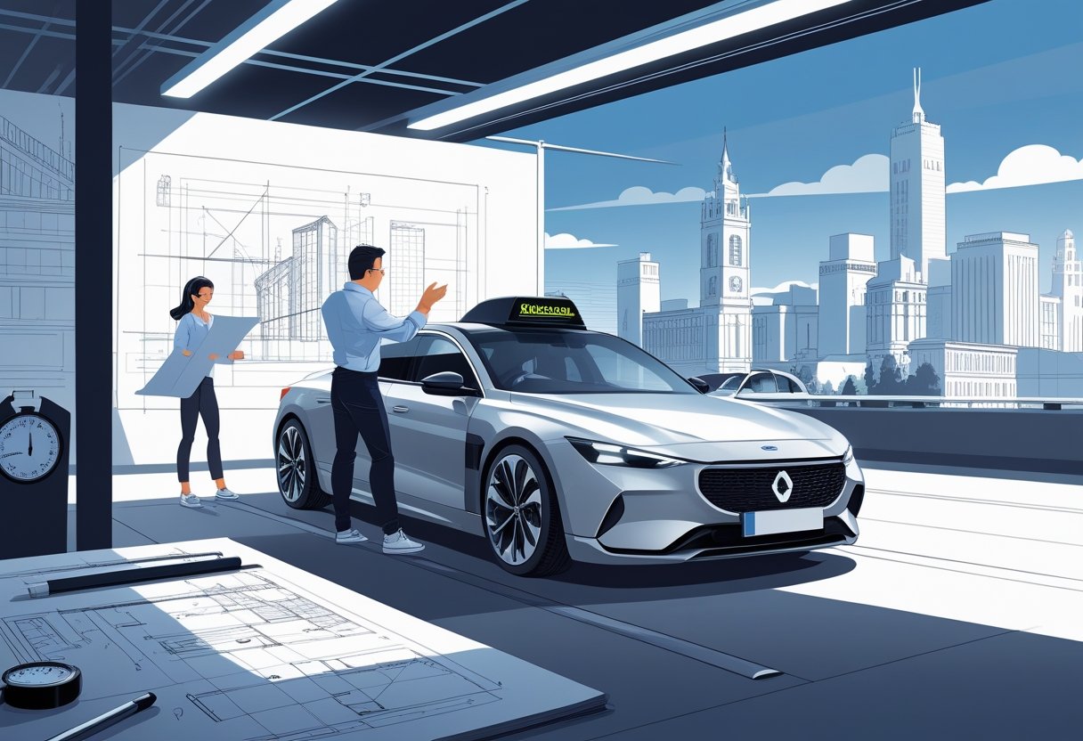 An architect receiving driving lessons in a modern car surrounded by architectural drawings and tools, with a cityscape in the background.