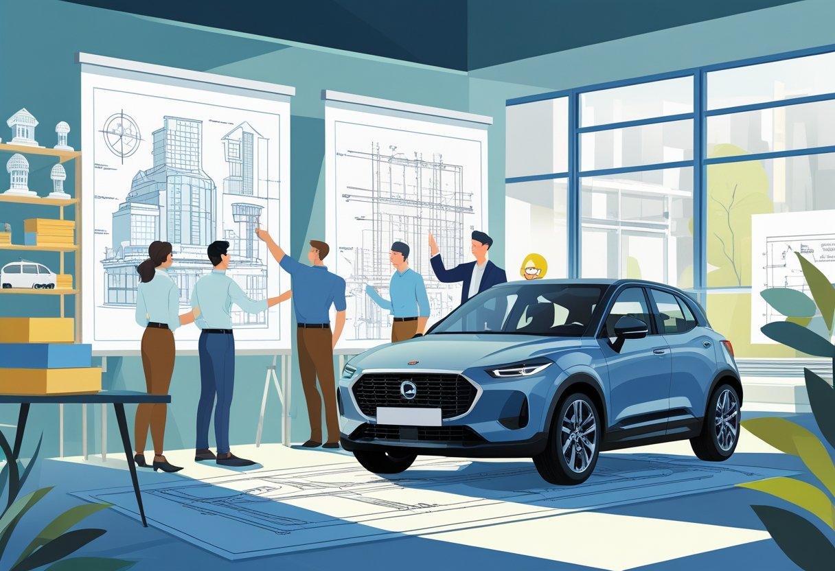 Architects working together on building designs in an office while one architect receives driving instruction in a car nearby.