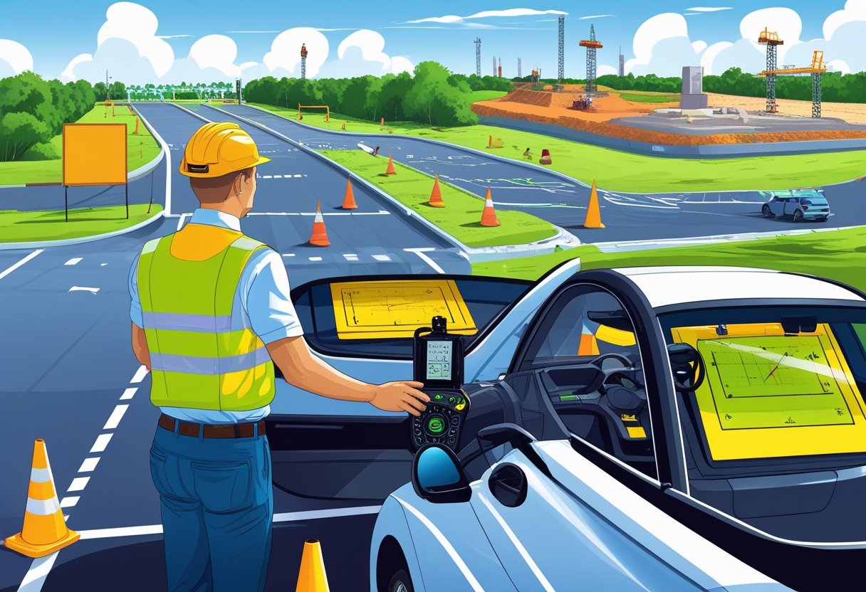 A driving instructor teaching a surveyor wearing a high-visibility vest and hard hat to drive in a marked training area with surveying equipment visible inside the car.