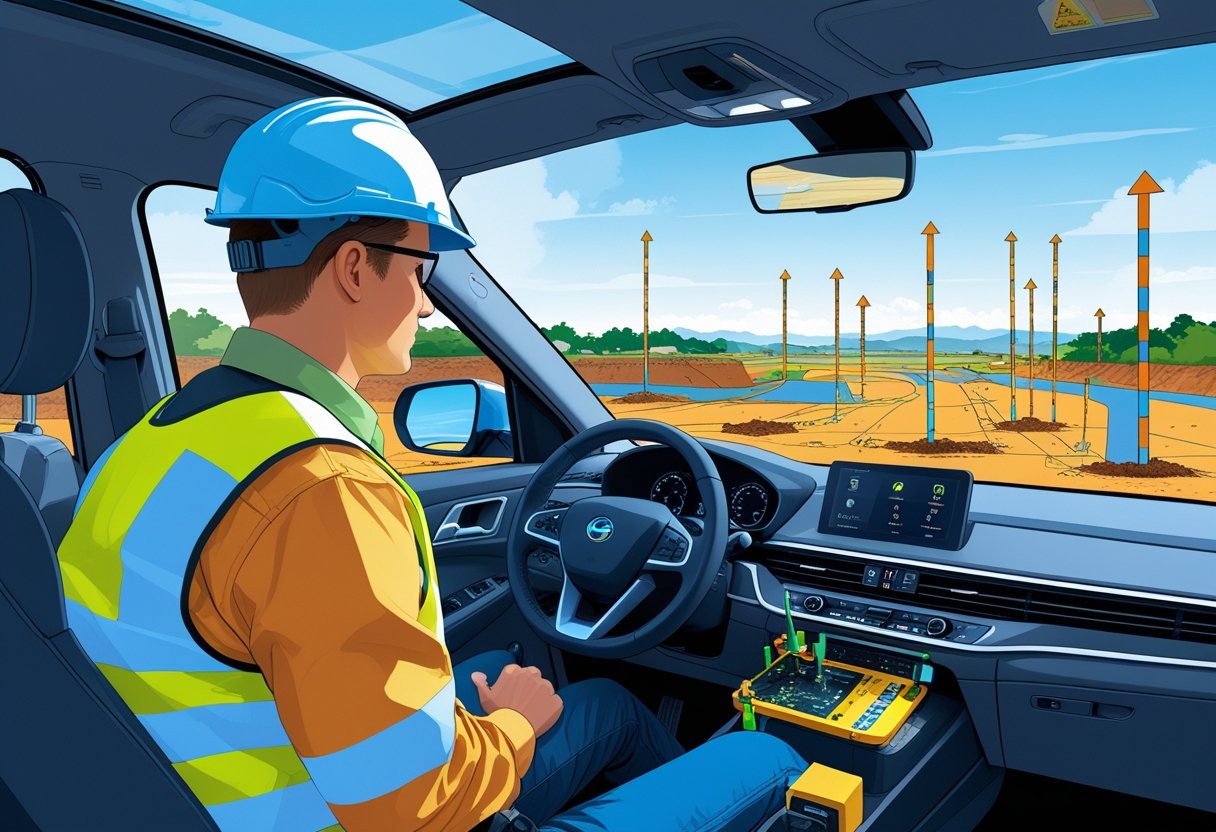 A surveyor wearing a high-visibility vest and hard hat driving a car equipped with surveying instruments near a construction site with survey markers.