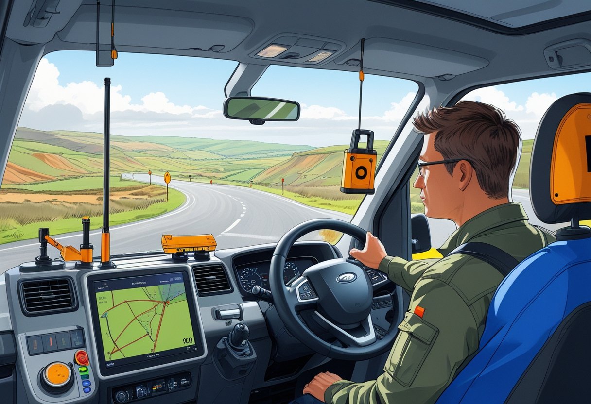 A driving instructor guides a student in a vehicle equipped with surveying instruments, with survey markers and maps visible in the background.