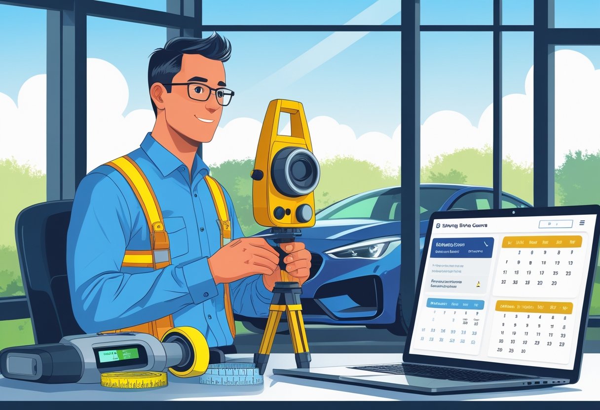 A surveyor sitting at a desk with surveying tools and a laptop, booking an intensive driving course in a modern office with a car visible outside the window.