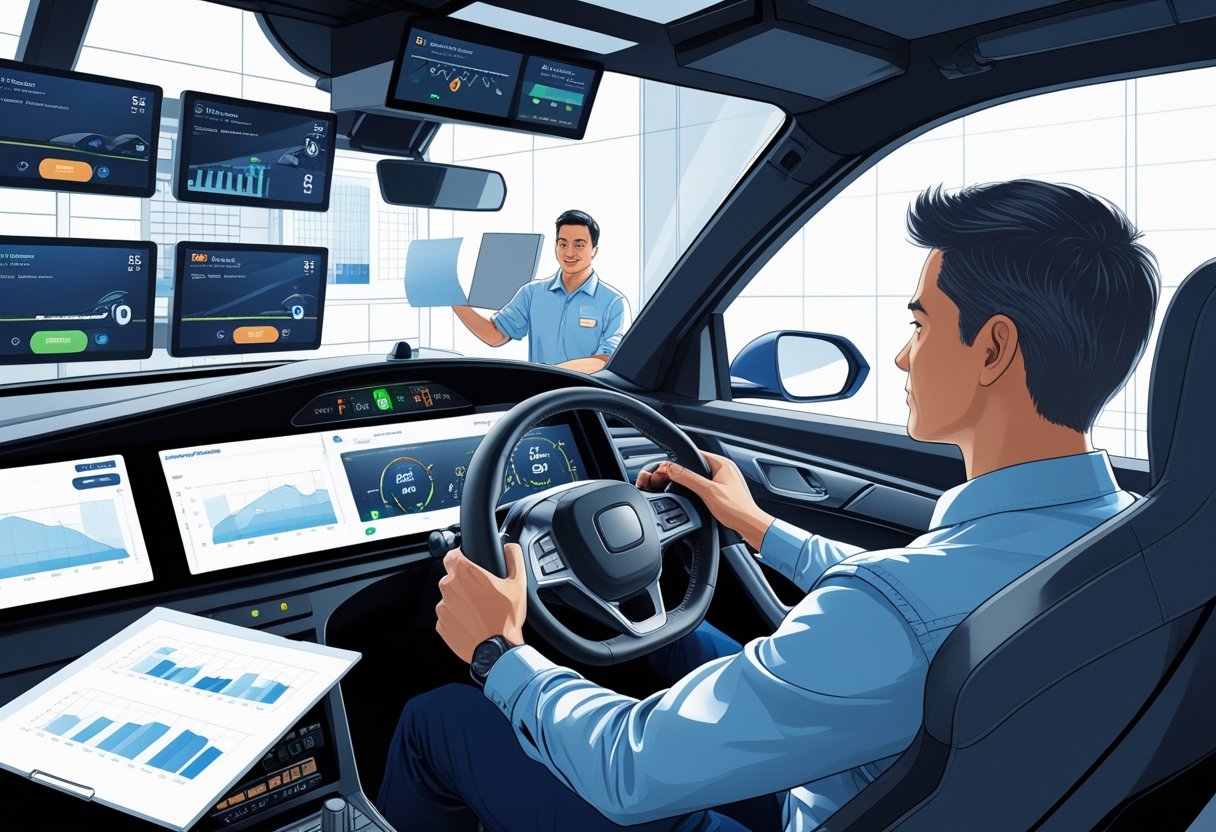 An engineer taking part in a driving simulator training session with an instructor observing and digital screens showing driving data.