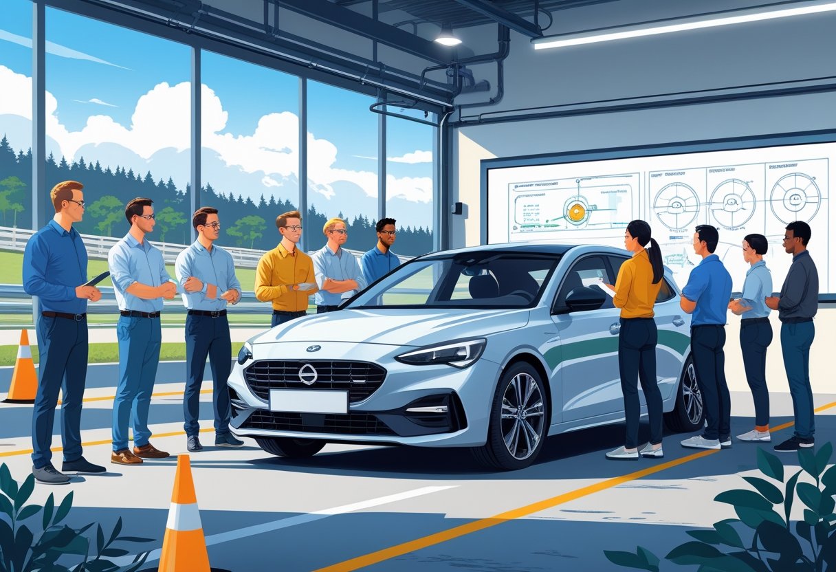 A group of engineers attending a driving lesson next to a car on a training track with cones and road signs.