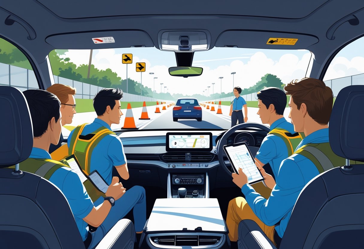 A group of engineers learning to drive in a modern driving school with a car, instructor, and driving track.