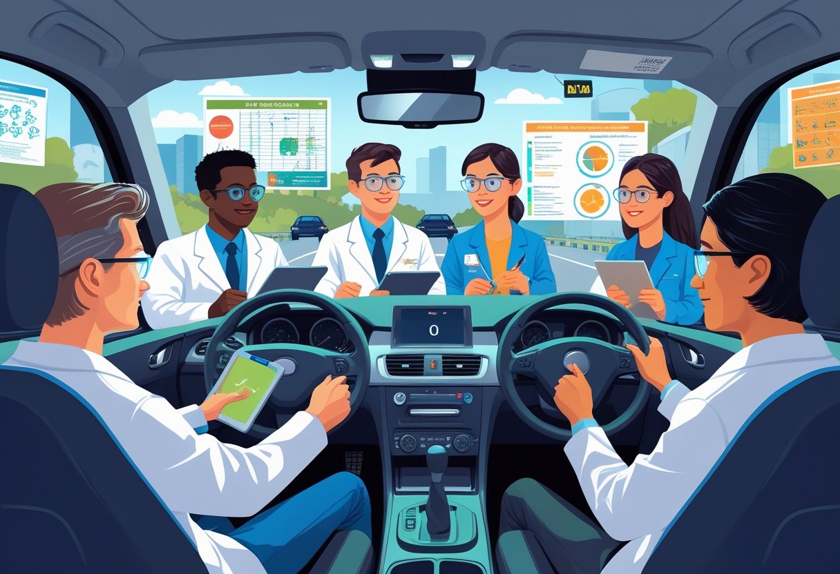 Scientists attending a driving lesson with an instructor in a driving school setting.