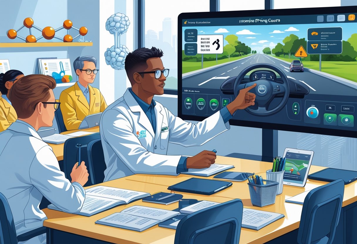 A scientist in a lab coat attentively learning driving skills in a classroom with other scientists and an instructor pointing at a driving simulation on a screen.