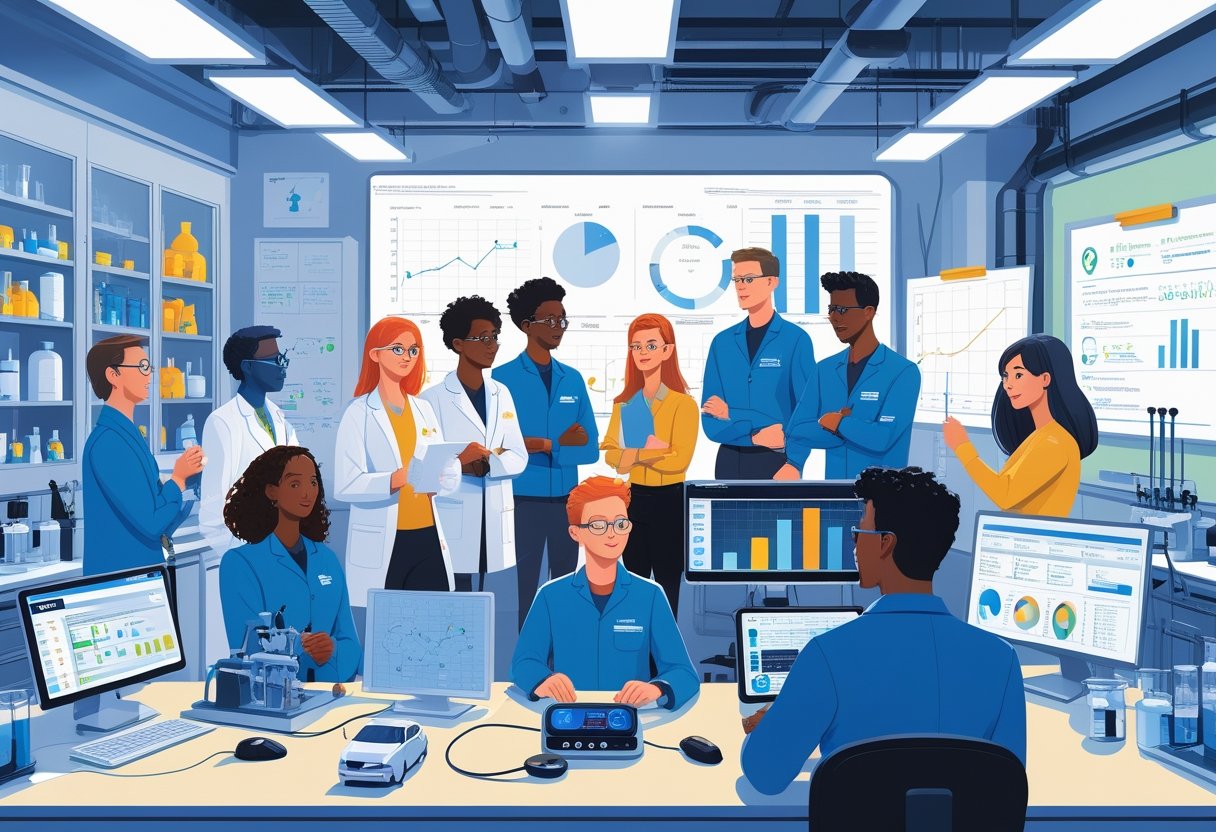 Scientists working together in a laboratory while an instructor guides them through a specialised driving simulator designed for scientists.