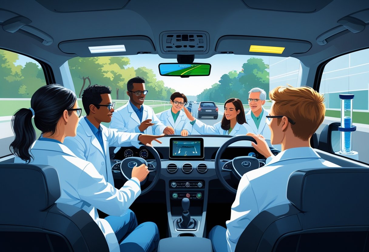Scientists participating in a driving course with a driving simulator and a car, guided by an instructor in a professional learning environment.