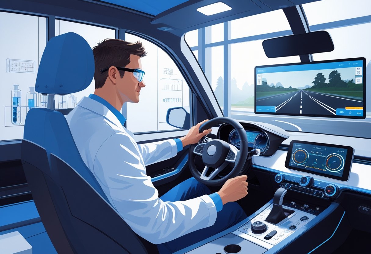 A lab technician in a white coat using a driving simulator inside a training room, with an instructor watching nearby.