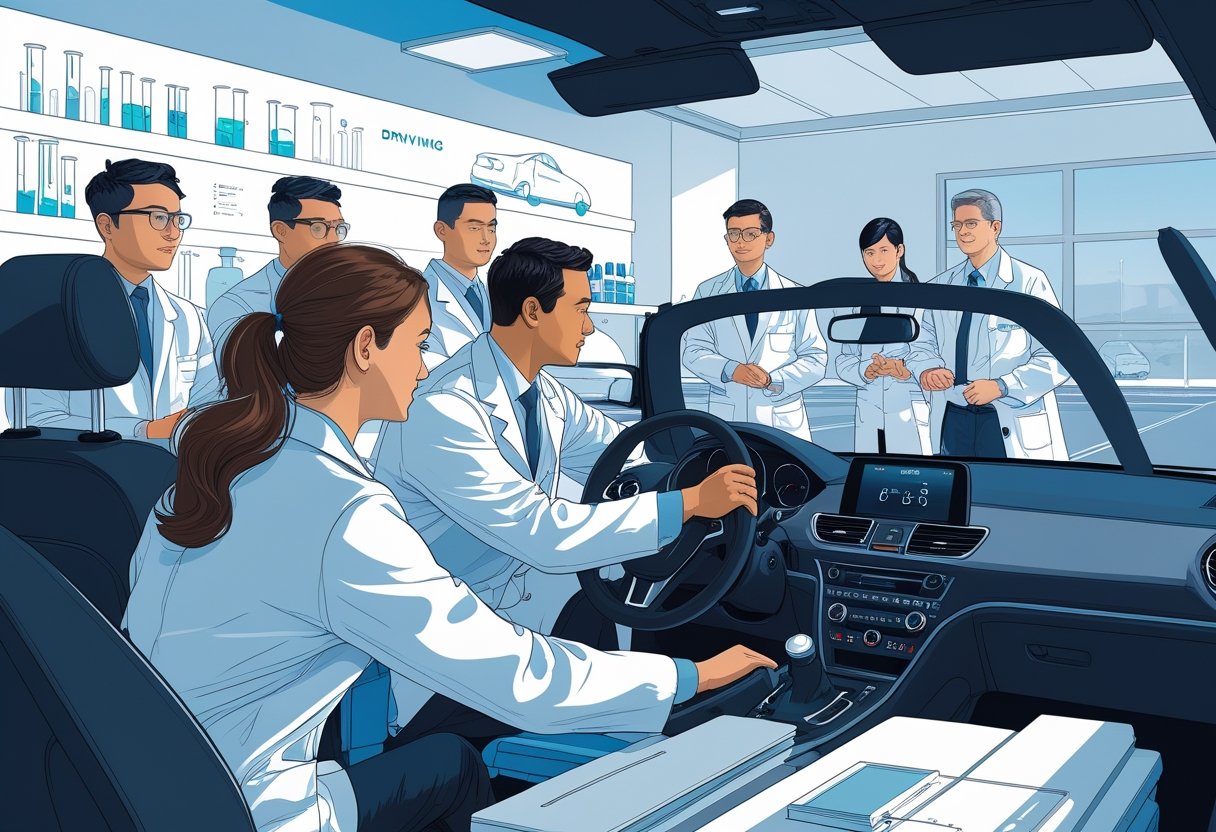 Lab technicians in lab coats receiving driving instruction in a modern driving school setting with scientific equipment visible in the background.
