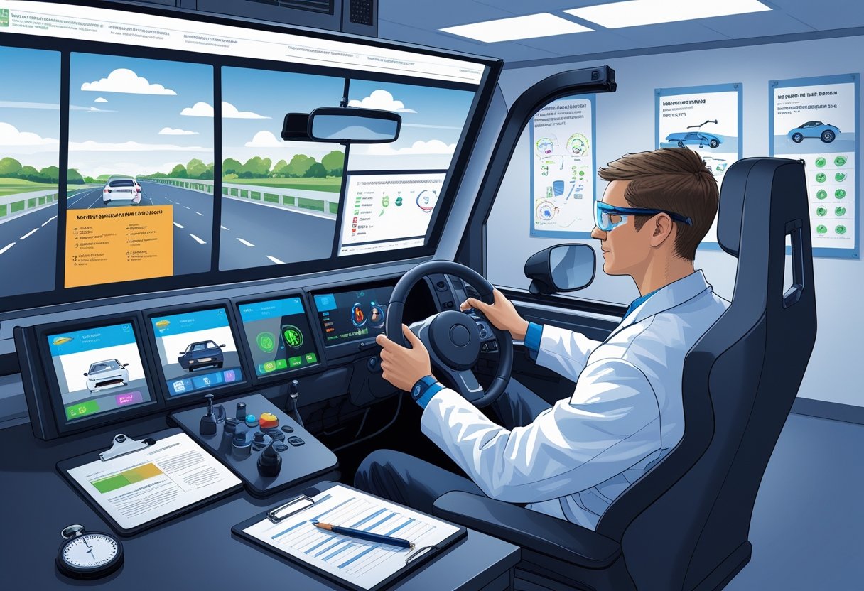 A lab technician in a white coat uses a driving simulator in a training room while a mentor observes.