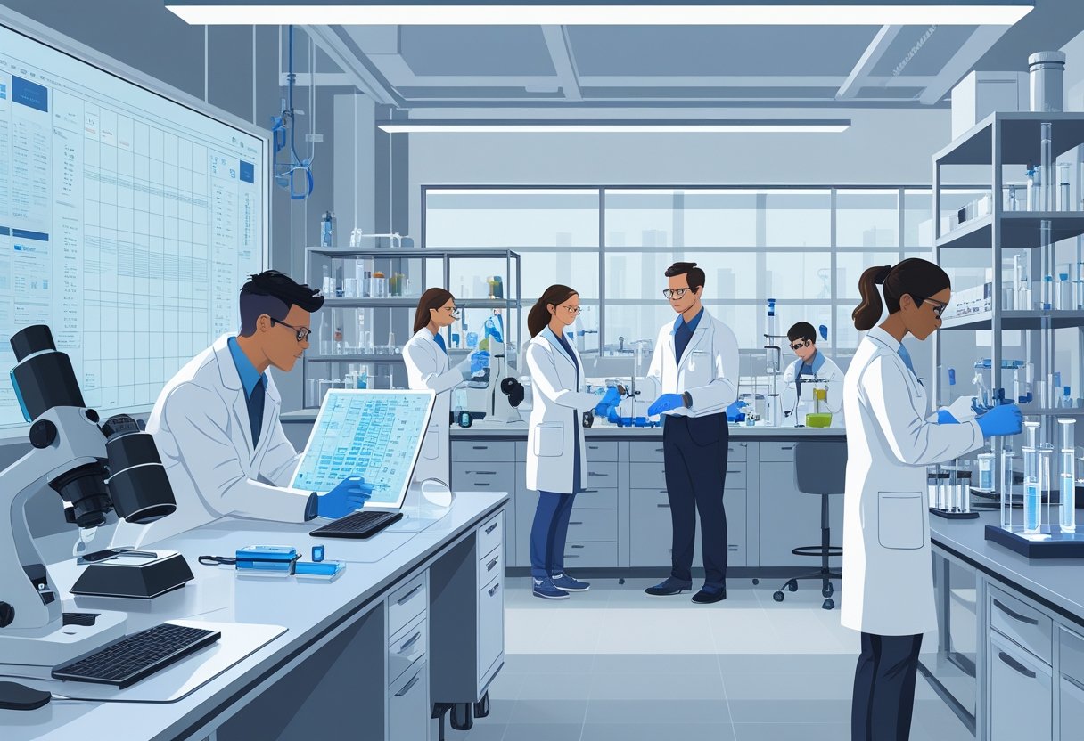 Lab technicians working together in a modern laboratory with an instructor guiding them, surrounded by scientific equipment and digital screens.