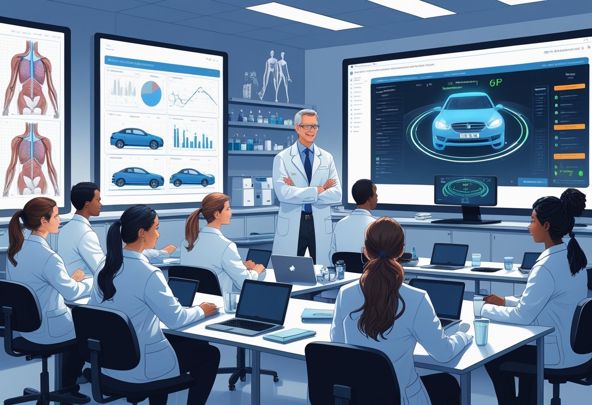 A group of lab technicians in white coats attending a driving course in a classroom with scientific equipment and a digital driving simulator display.