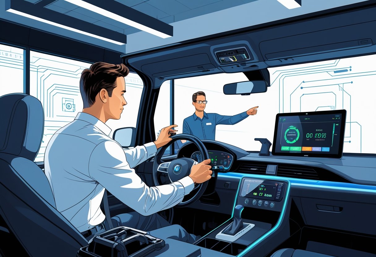 An IT technician using a driving simulator in a classroom while an instructor guides the session.