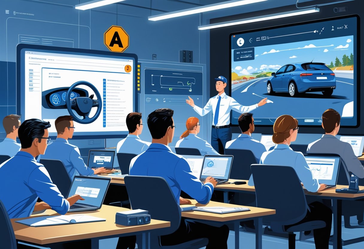 A group of IT technicians in a classroom learning about driving with an instructor showing driving concepts on a digital screen.