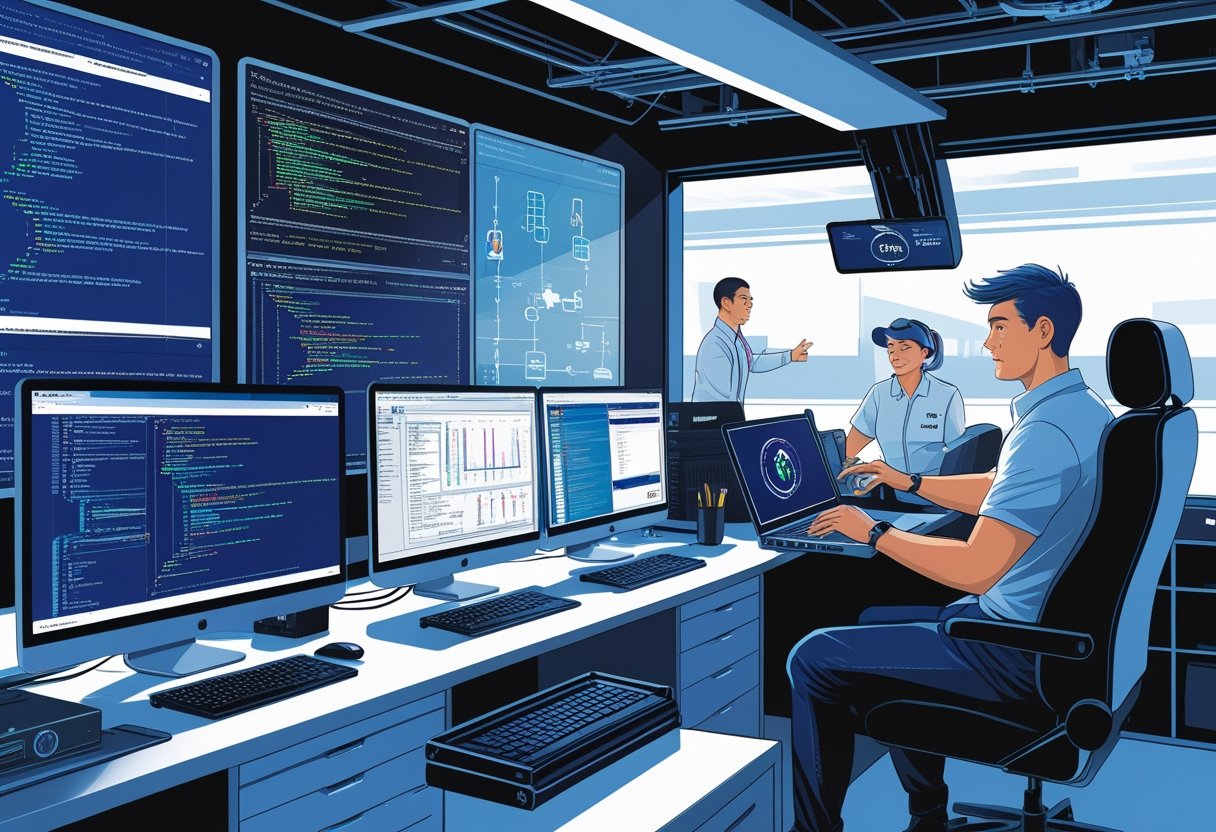 An IT technician working at a computer with multiple screens showing code and network diagrams, while a driving instructor guides them in a driving simulator nearby.