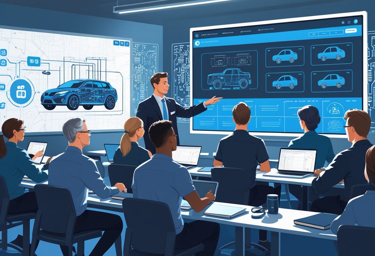 A classroom with adult learners using laptops and an instructor showing driving simulation software on a digital screen, combining driving and IT technology.