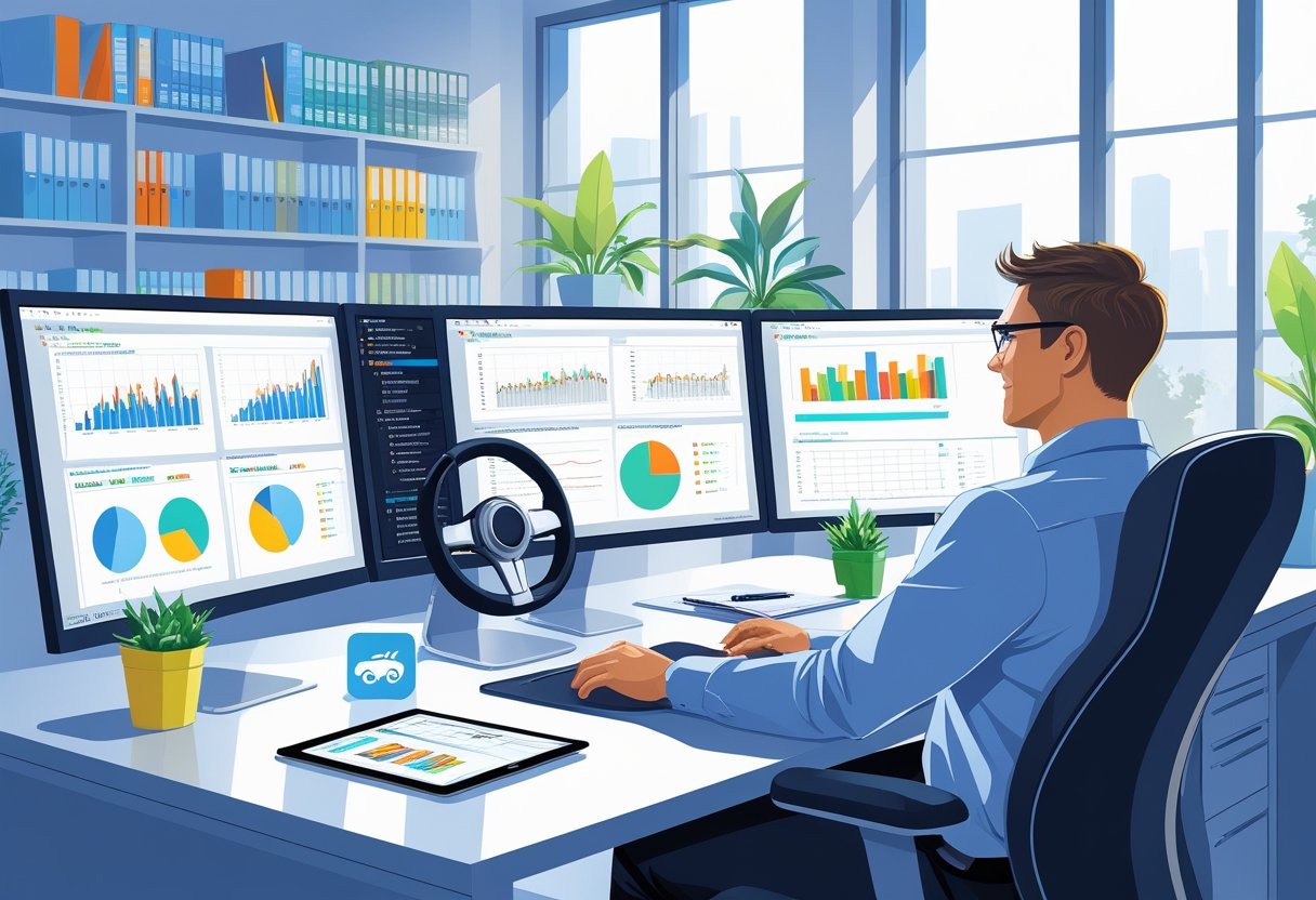 A data analyst working at a desk with multiple screens showing graphs and charts, surrounded by symbols of driving such as a steering wheel overlay and a car icon, in a bright office setting.
