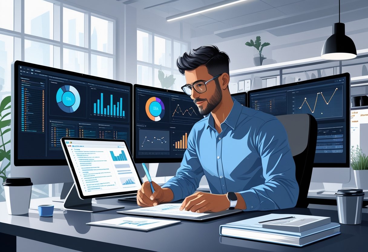 A data analyst working at a desk with multiple computer screens showing data charts and graphs in a modern office setting.