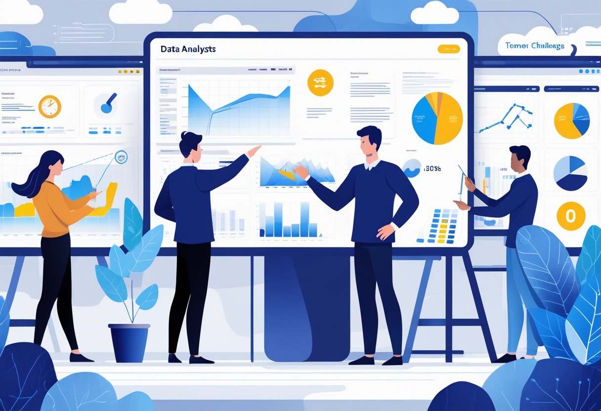 A group of data analysts collaborating around computer screens with charts and graphs, discussing challenges and working together in an office setting.