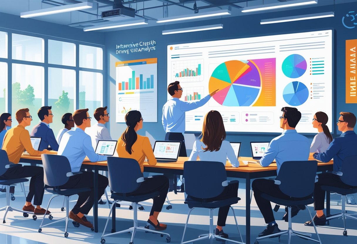 A group of adults in a classroom attentively learning data analysis from an instructor pointing at charts on a digital screen.