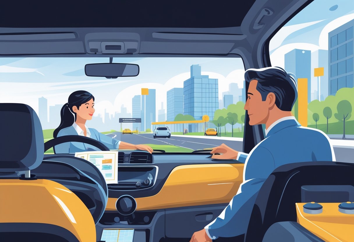 A small business owner receiving driving instruction in a modern driving school setting with an instructor beside a car.